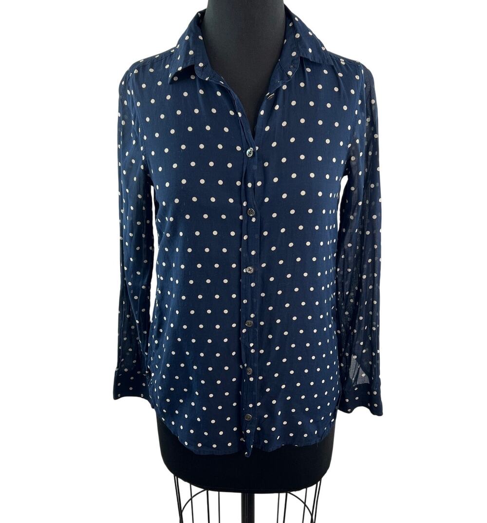 J.Crew Navy White Top Cotton SIlk Polka Dot Collared Long Sleeve Button-Up Sz 0